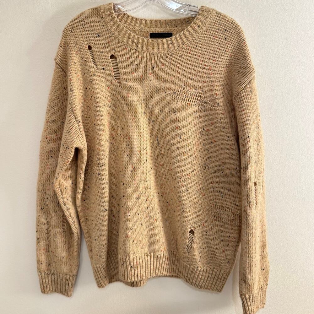 Zara Men Distressed Speckled Knit Crewneck Sweater Beige Tan Size M Grunge Boho